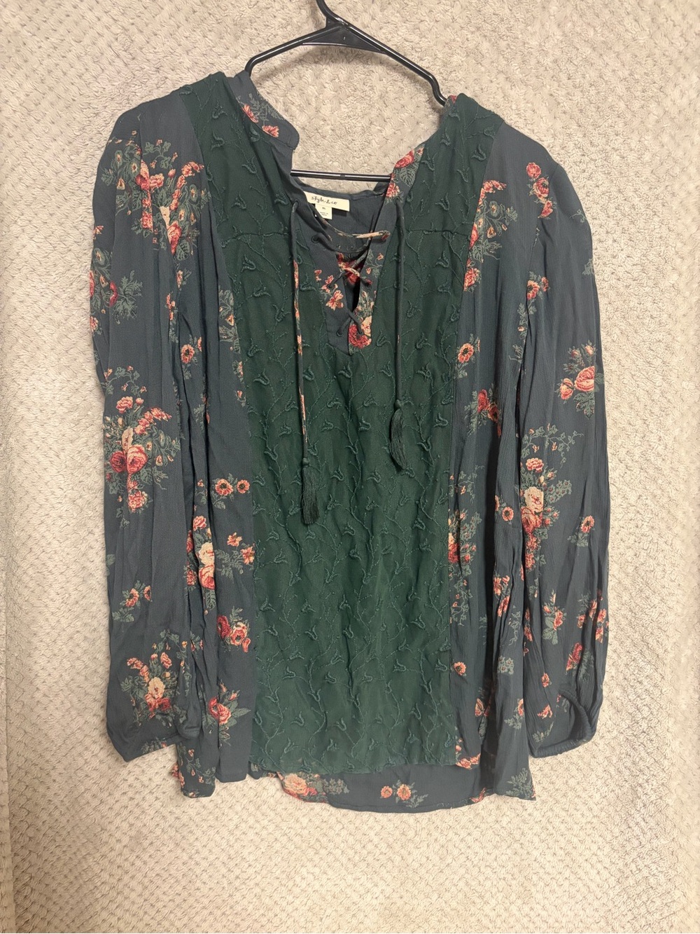 Style & Co. Dark Green Floral Lace-Up Boho Blouse